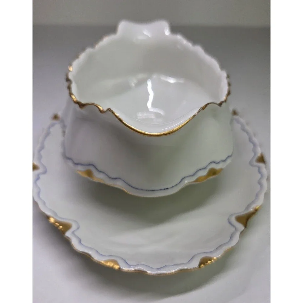 Antique Haviland Limoges Gravy Boat With Attached Under Plate Gold Blue France